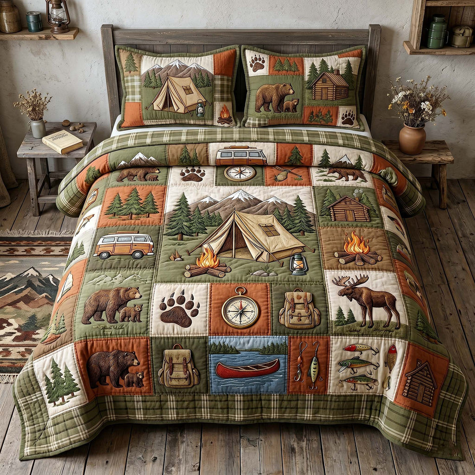 Camp Escape Animal quilted bedding set, quilt and two pillow shams on a made bed