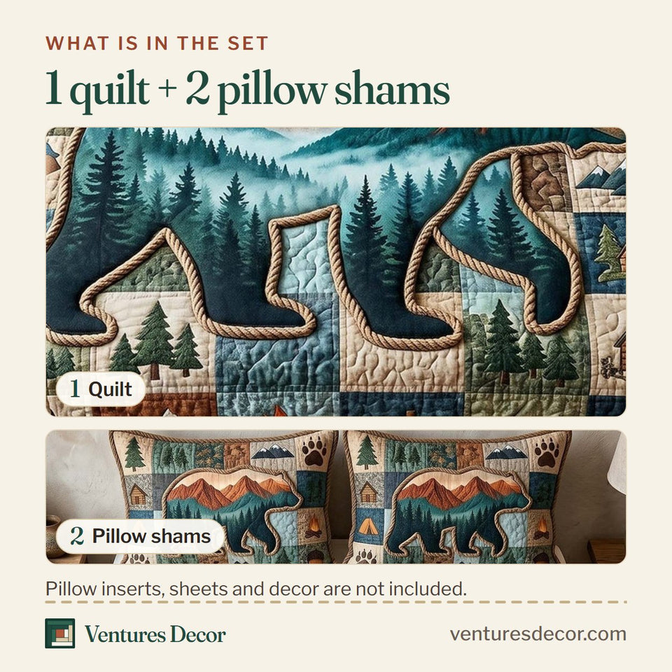 What is in the set: one quilt and two pillow shams, shown in the Camp Escape Bear Shape Framing Mountain Scene design
