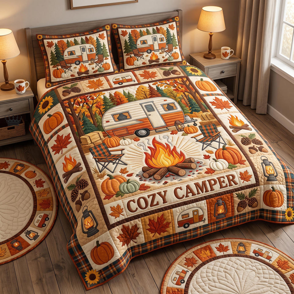 Camp Life Cozy Camper in Autumn Leaves quilted bedding set, quilt and two pillow shams on a made bed