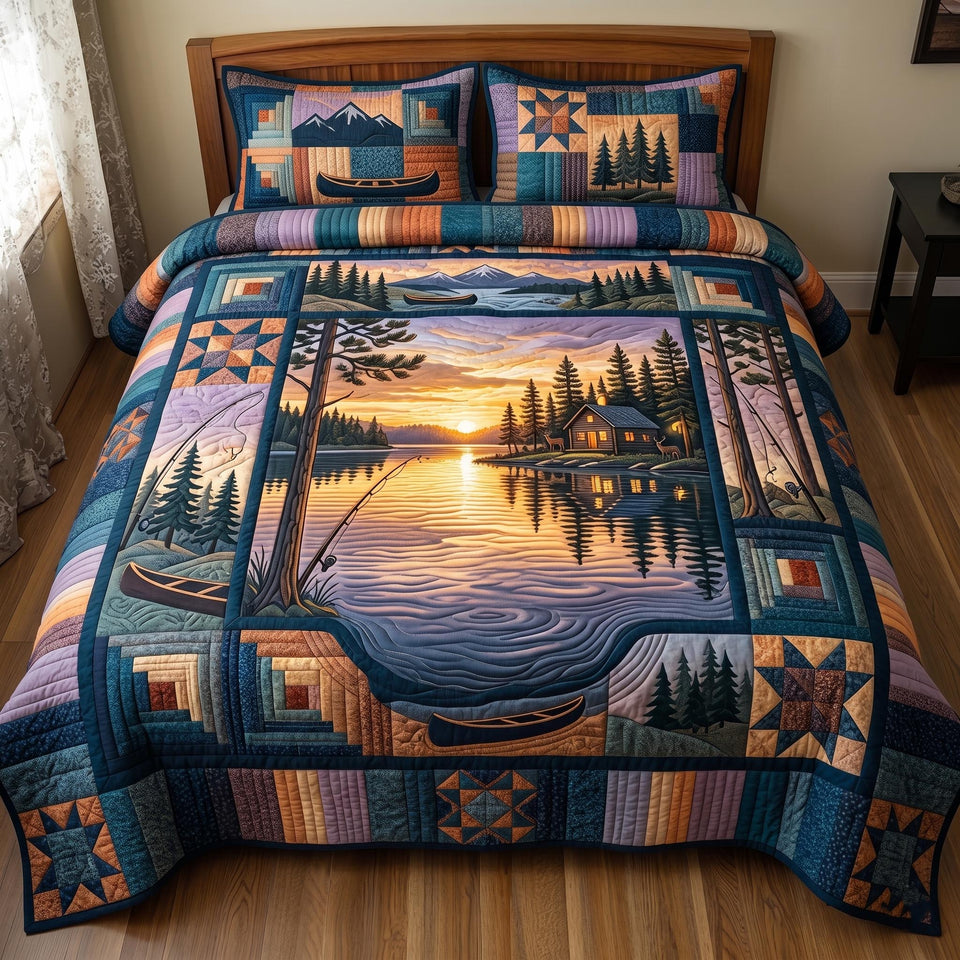 Camper Life Canoe On Sunrise Lake Star Block Border quilted bedding set, quilt and two pillow shams on a made bed