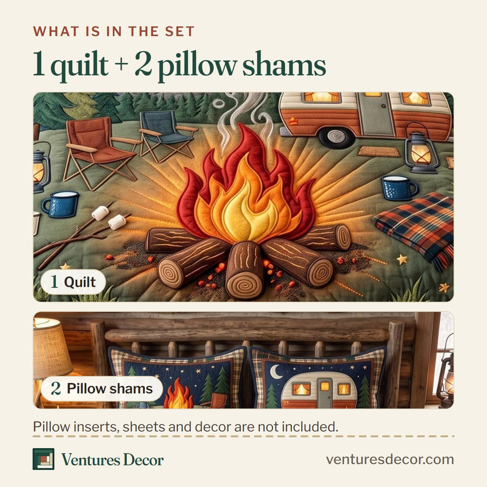 What is in the set: one quilt and two pillow shams, shown in the Campfire Camper Nights design