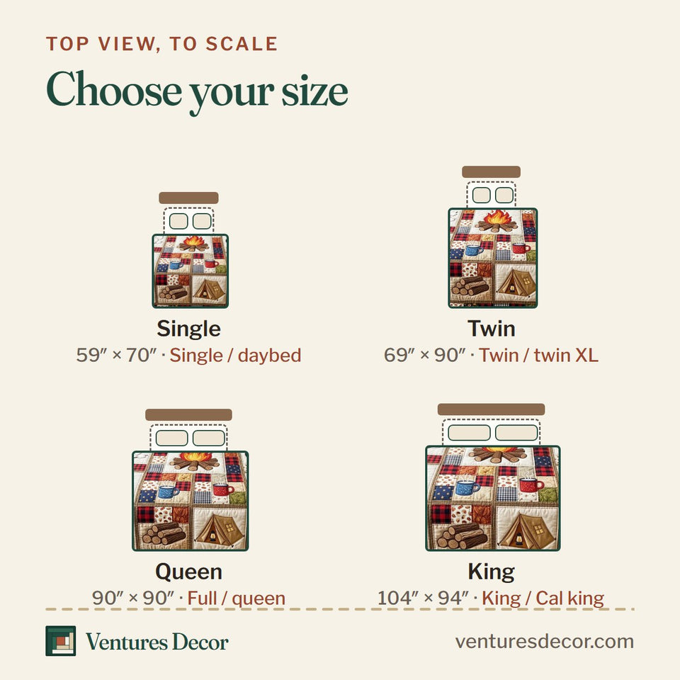 Size guide for the Campfire Patch quilt, top view to scale: Single 59 x 70 in, Twin 69 x 90 in, Queen 90 x 90 in, King 104 x 94 in