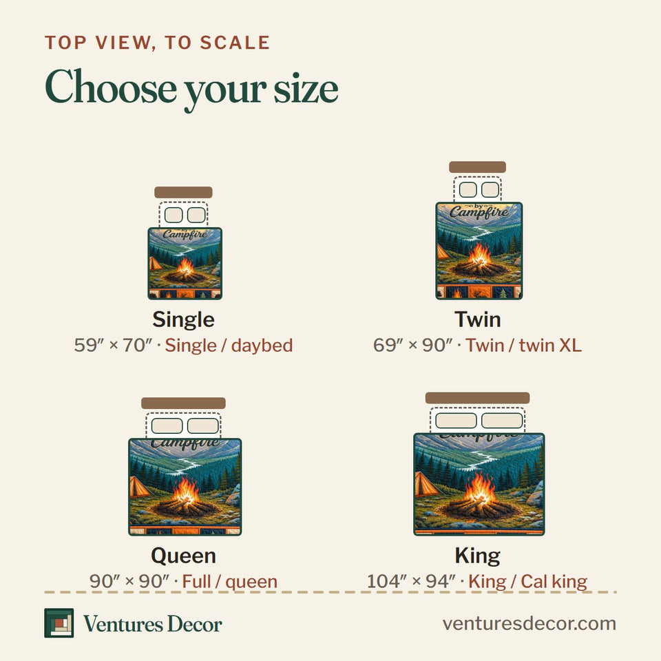 Size guide for the Campfire quilt, top view to scale: Single 59 x 70 in, Twin 69 x 90 in, Queen 90 x 90 in, King 104 x 94 in