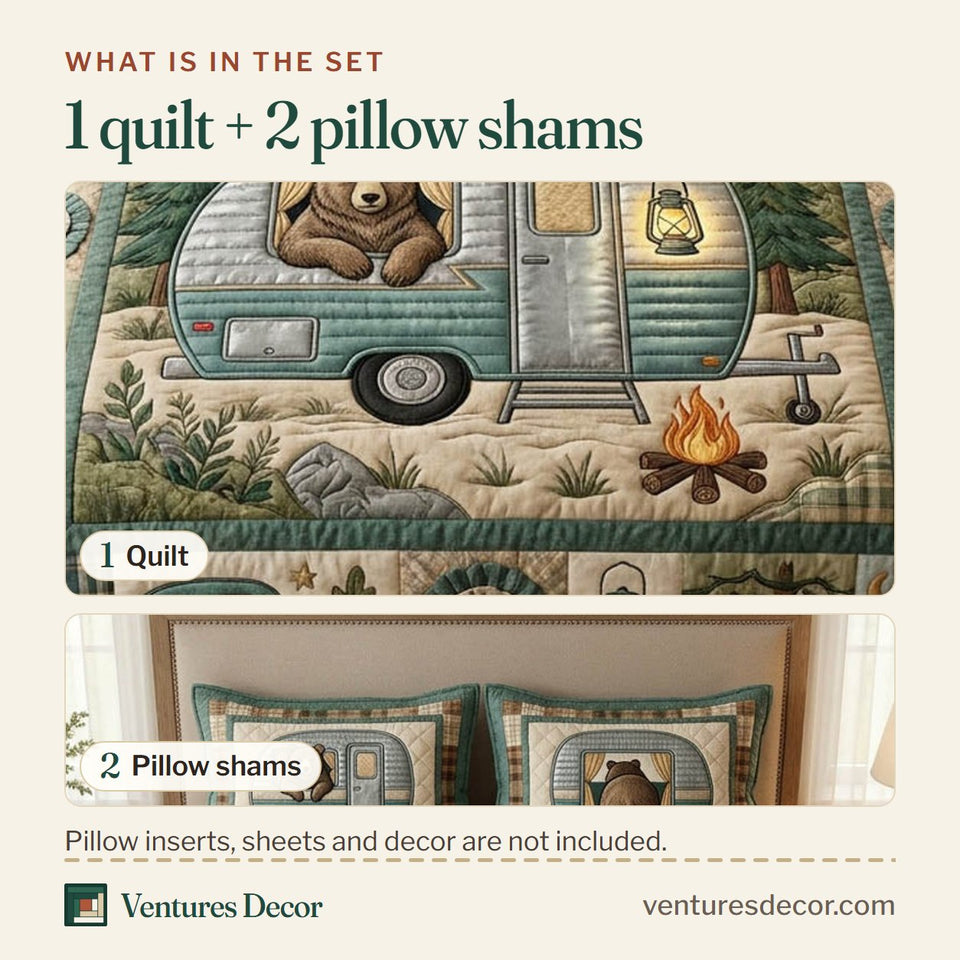 What is in the set: one quilt and two pillow shams, shown in the Camping Bear in the Caravan Window design