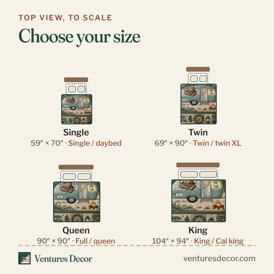 Size guide for the Camping Bear in the Caravan Window quilt, top view to scale: Single 59 x 70 in, Twin 69 x 90 in, Queen 90 x 90 in, King 104 x 94 in