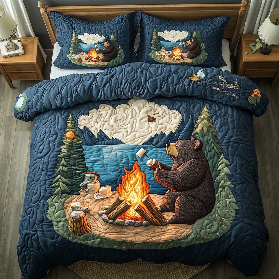 Camping Bear Marshmallow Roast quilted bedding set, quilt and two pillow shams on a made bed