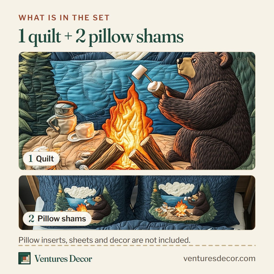 What is in the set: one quilt and two pillow shams, shown in the Camping Bear Marshmallow Roast design