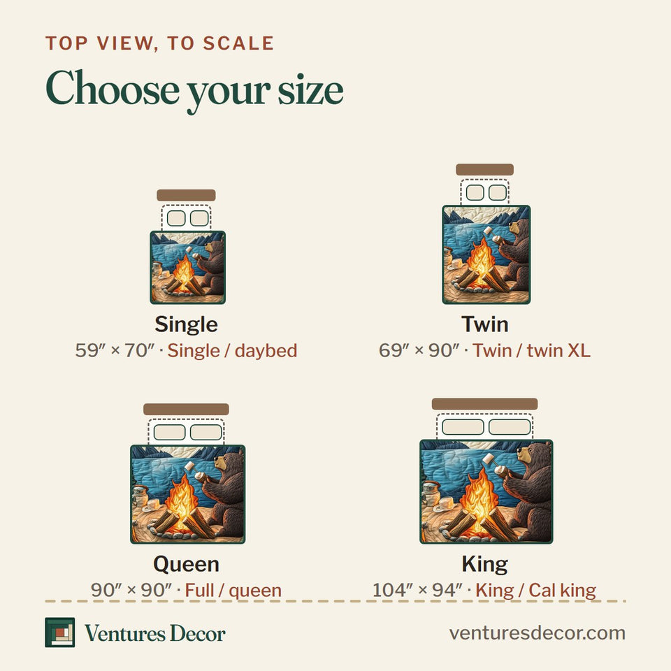 Size guide for the Camping Bear Marshmallow Roast quilt, top view to scale: Single 59 x 70 in, Twin 69 x 90 in, Queen 90 x 90 in, King 104 x 94 in