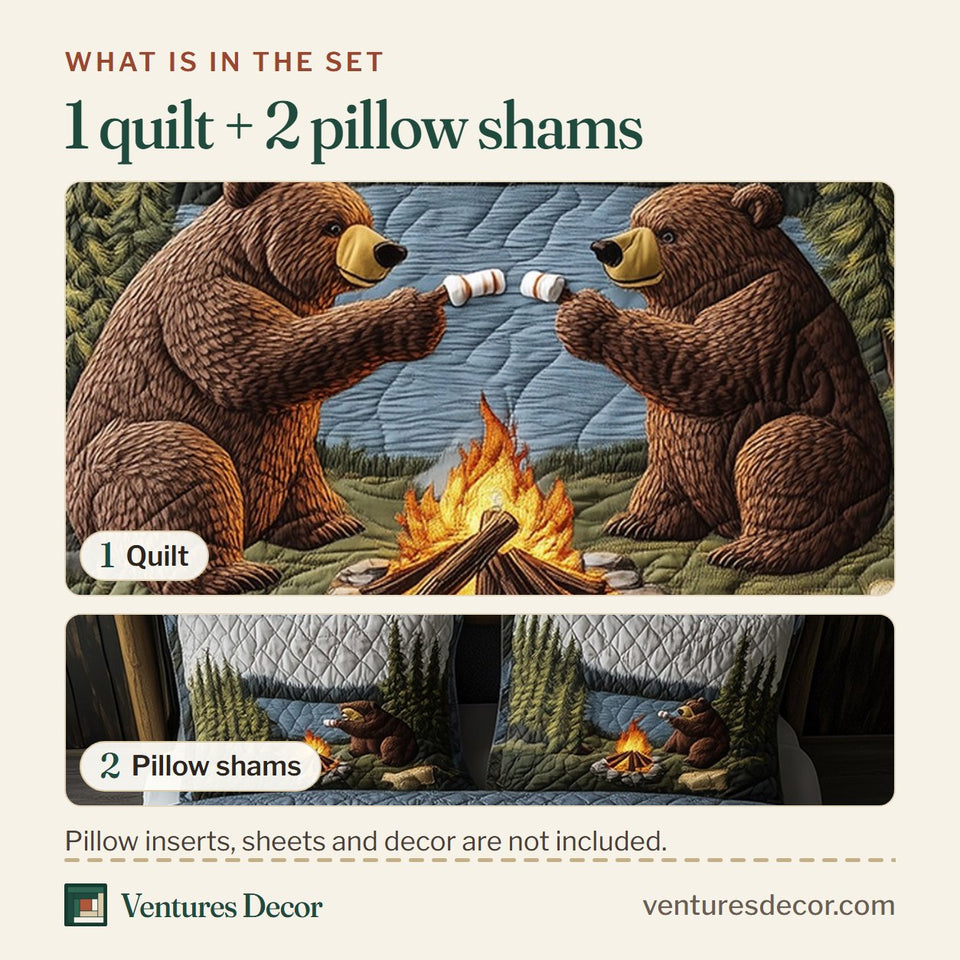 What is in the set: one quilt and two pillow shams, shown in the Camping Bear Marshmallows Between Two Bears design