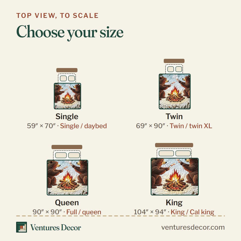 Size guide for the Camping Bear Snow Camp in a Brown Floral Frame quilt, top view to scale: Single 59 x 70 in, Twin 69 x 90 in, Queen 90 x 90 in, King 104 x 94 in