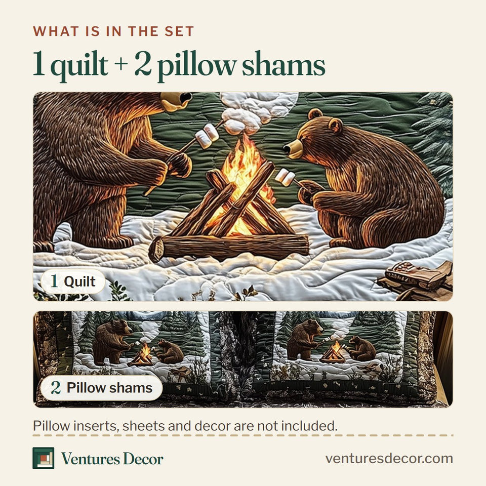 What is in the set: one quilt and two pillow shams, shown in the Camping Bear Winter Fire with a Dark Border design