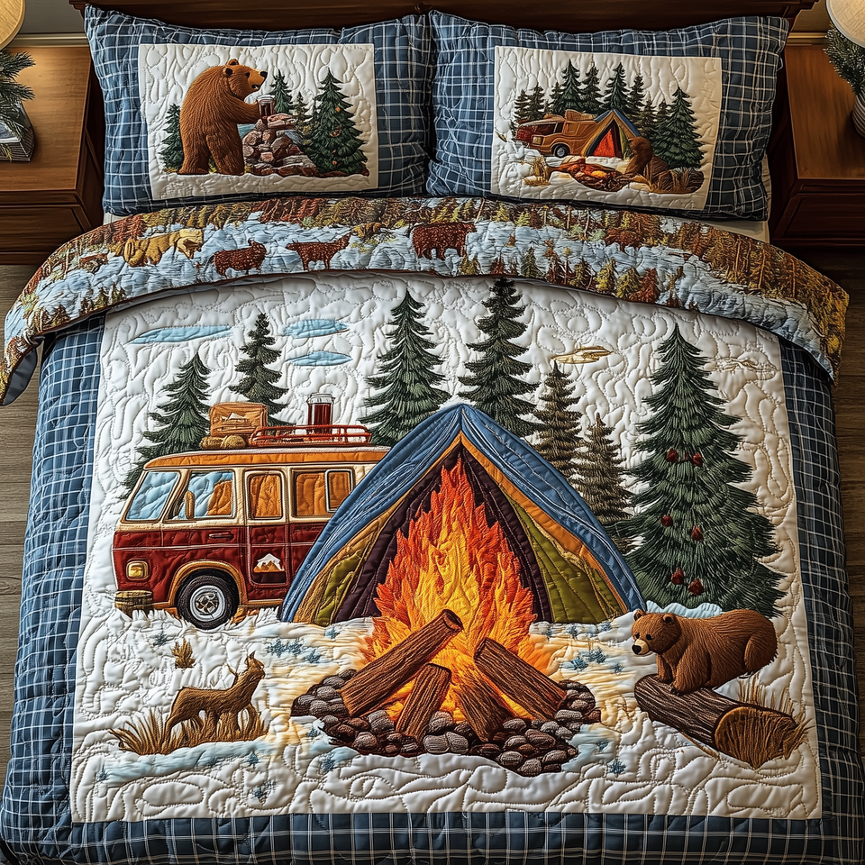 Camping Is My Job quilted bedding set, quilt and two pillow shams on a made bed