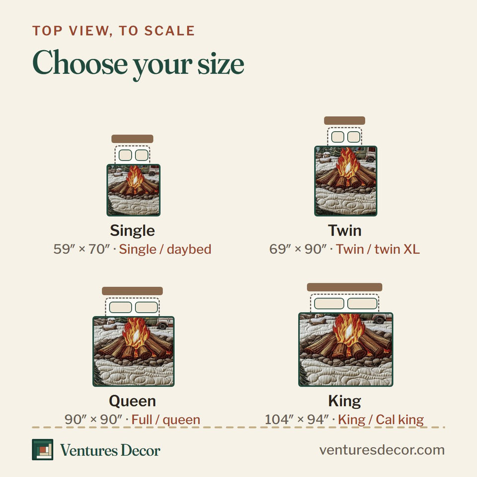 Size guide for the Camping Is My Therapy quilt, top view to scale: Single 59 x 70 in, Twin 69 x 90 in, Queen 90 x 90 in, King 104 x 94 in
