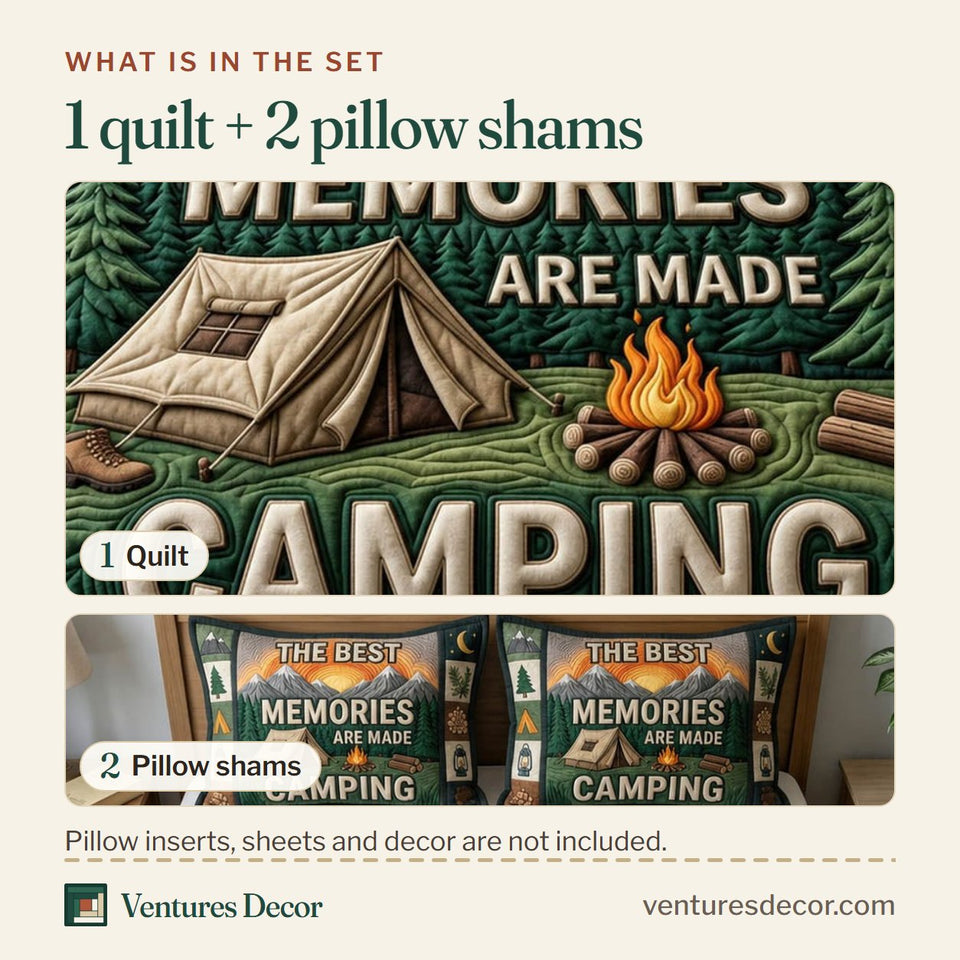 What is in the set: one quilt and two pillow shams, shown in the Camping Life Best Memories Camping Panel design