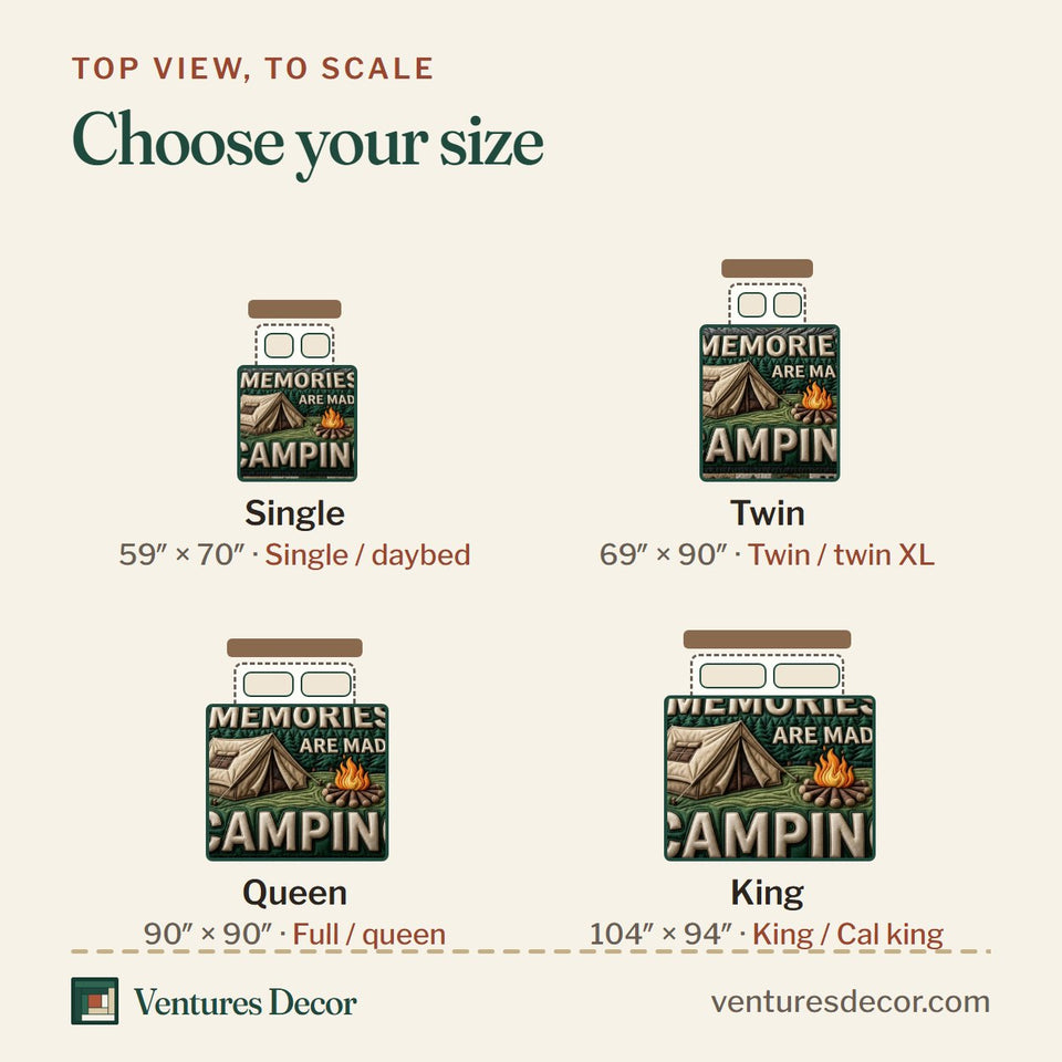 Size guide for the Camping Life Best Memories Camping Panel quilt, top view to scale: Single 59 x 70 in, Twin 69 x 90 in, Queen 90 x 90 in, King 104 x 94 in