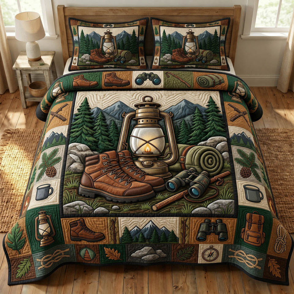 Camping Life Lantern and Boots Gear Blocks quilted bedding set, quilt and two pillow shams on a made bed