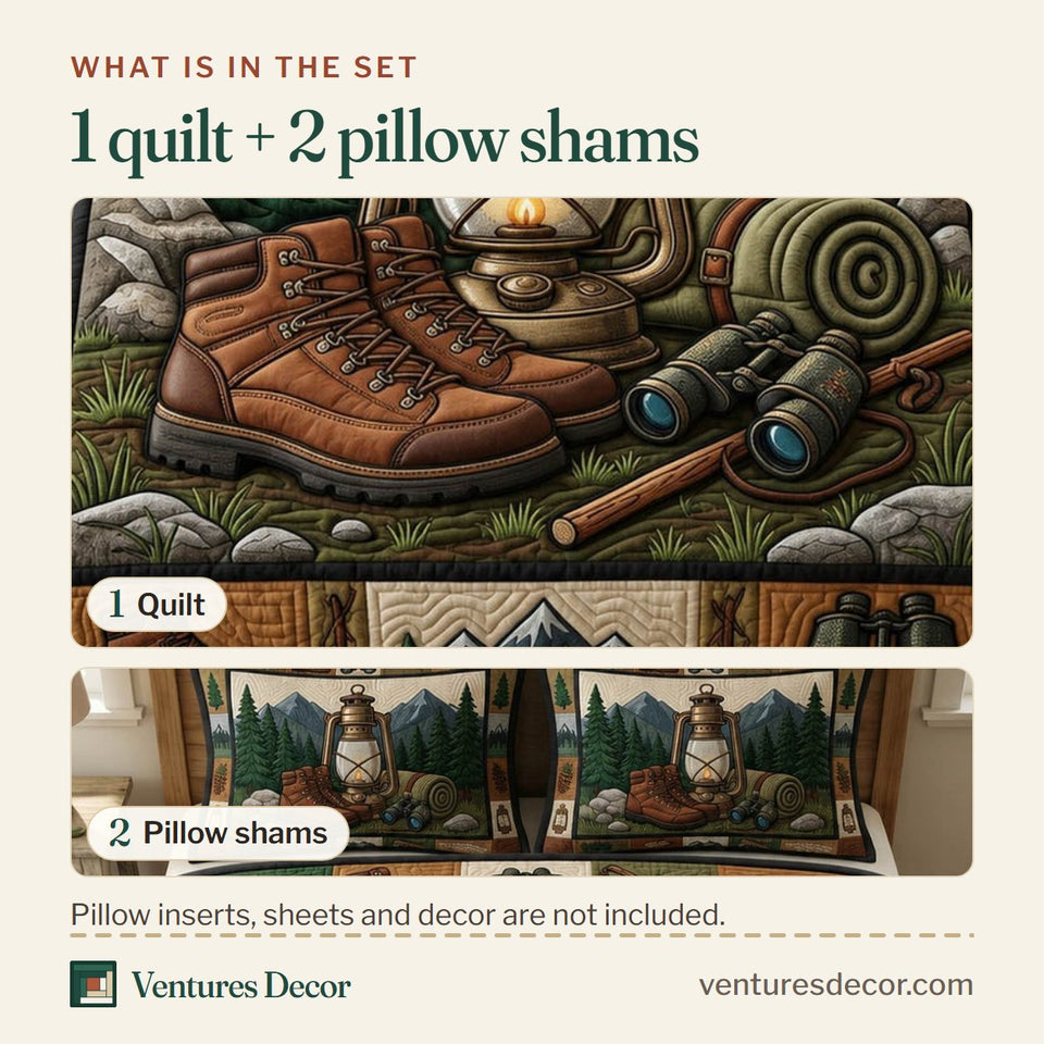 What is in the set: one quilt and two pillow shams, shown in the Camping Life Lantern and Boots Gear Blocks design