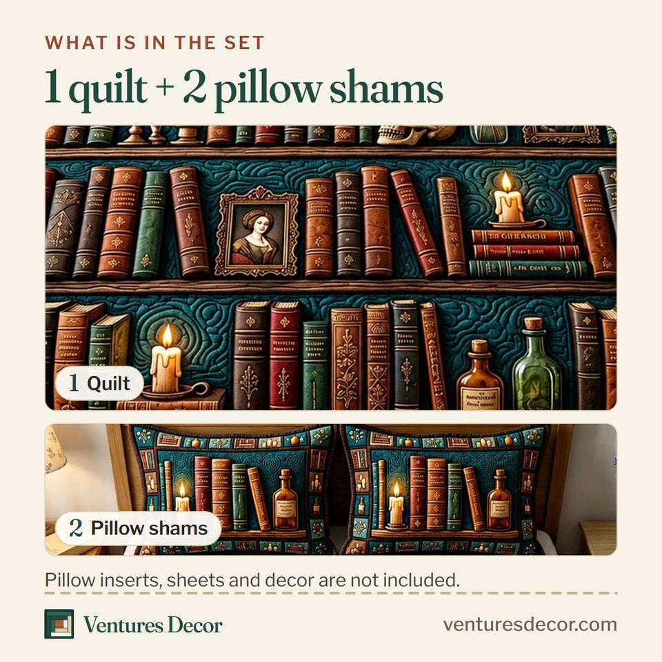What is in the set: one quilt and two pillow shams, shown in the Candlelit Book Stacks design
