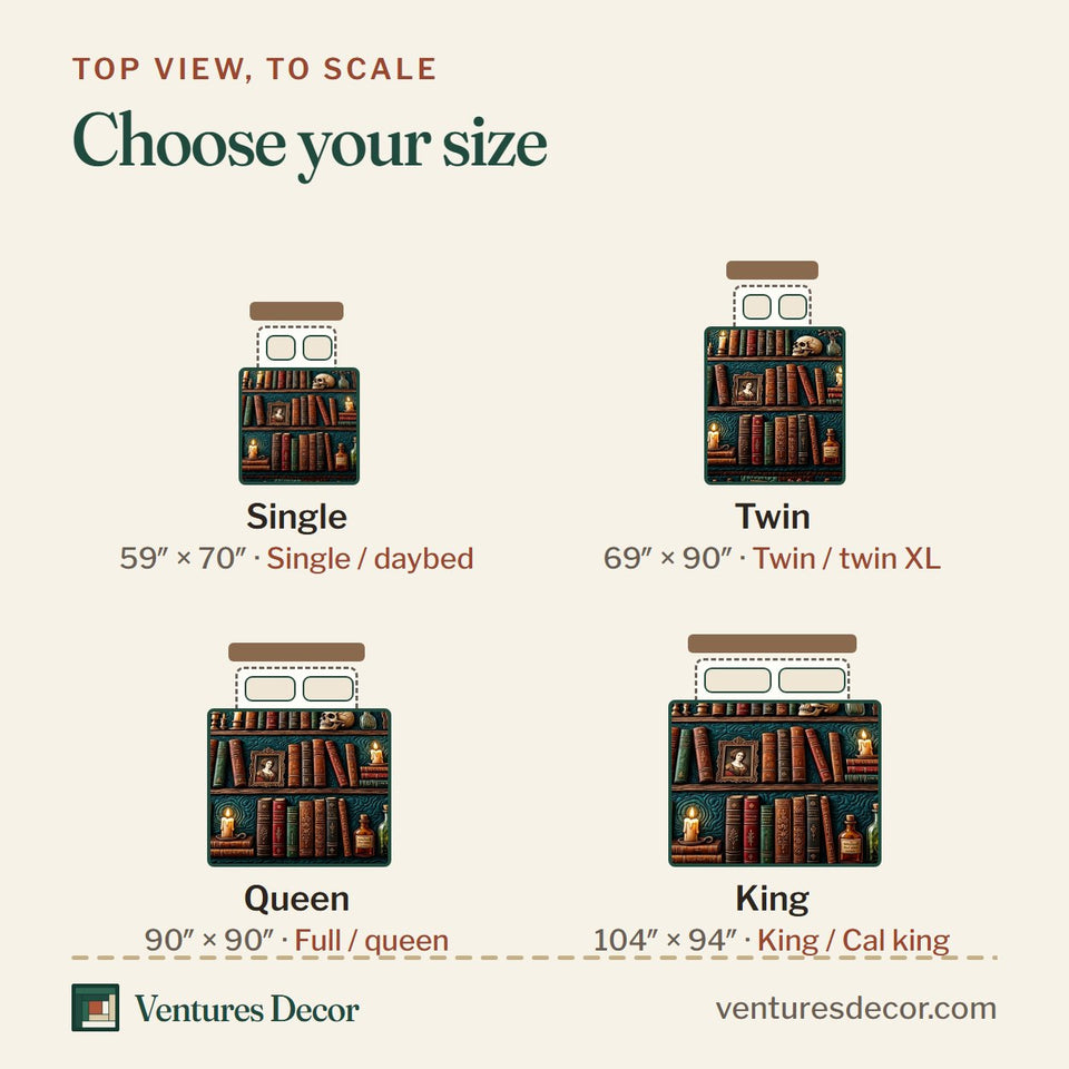 Size guide for the Candlelit Book Stacks quilt, top view to scale: Single 59 x 70 in, Twin 69 x 90 in, Queen 90 x 90 in, King 104 x 94 in