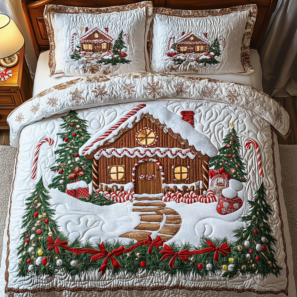 Candy Cane Gingerbread Cottage quilted bedding set, quilt and two pillow shams on a made bed