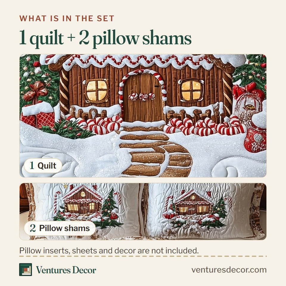 What is in the set: one quilt and two pillow shams, shown in the Candy Cane Gingerbread Cottage design
