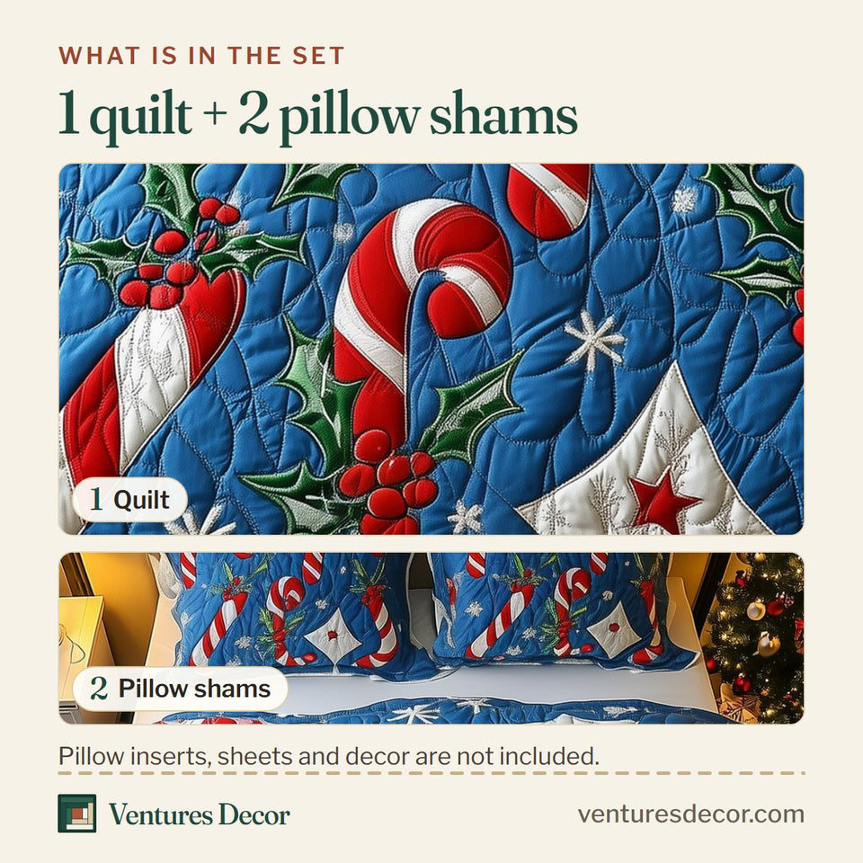 What is in the set: one quilt and two pillow shams, shown in the Candy Cane Starlight design