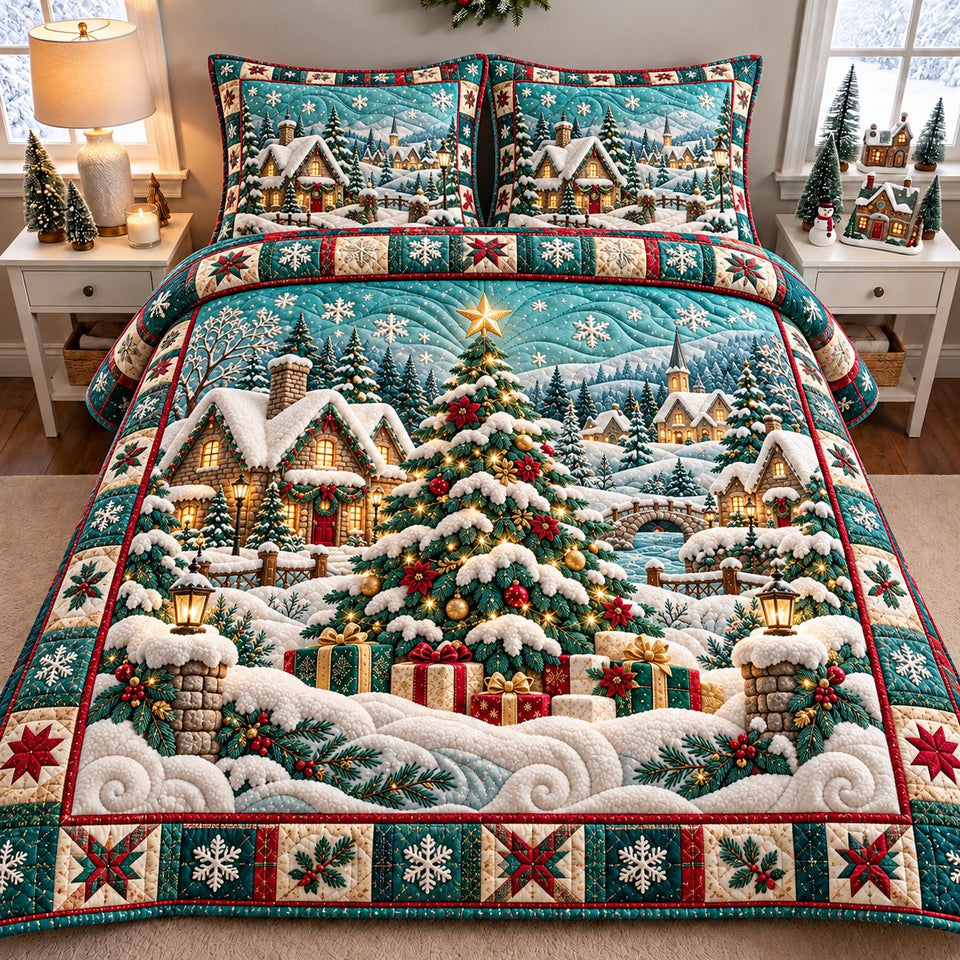 Candy Snow Village quilted bedding set, quilt and two pillow shams on a made bed