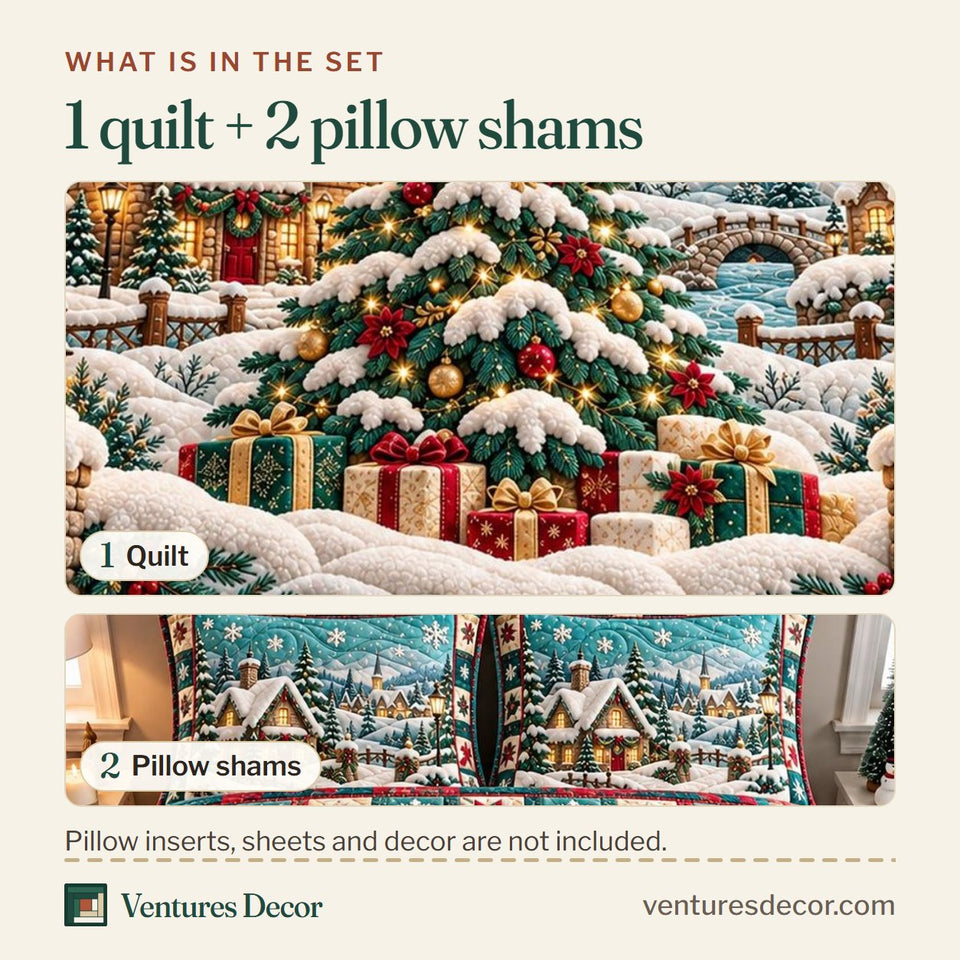 What is in the set: one quilt and two pillow shams, shown in the Candy Snow Village Quilt Set, 3-Piece Quilted Bedding with 2 Pillow Shams design