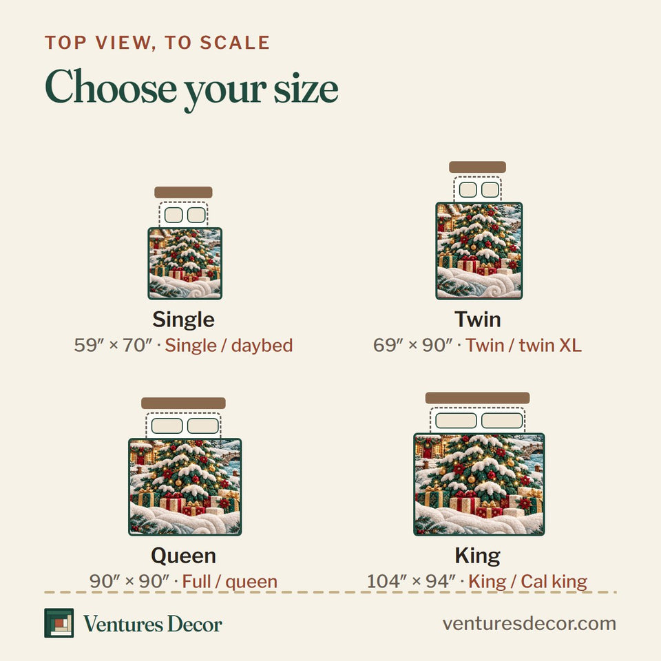 Size guide for the Candy Snow Village Quilt Set, 3-Piece Quilted Bedding with 2 Pillow Shams quilt, top view to scale: Single 59 x 70 in, Twin 69 x 90 in, Queen 90 x 90 in, King 104 x 94 in