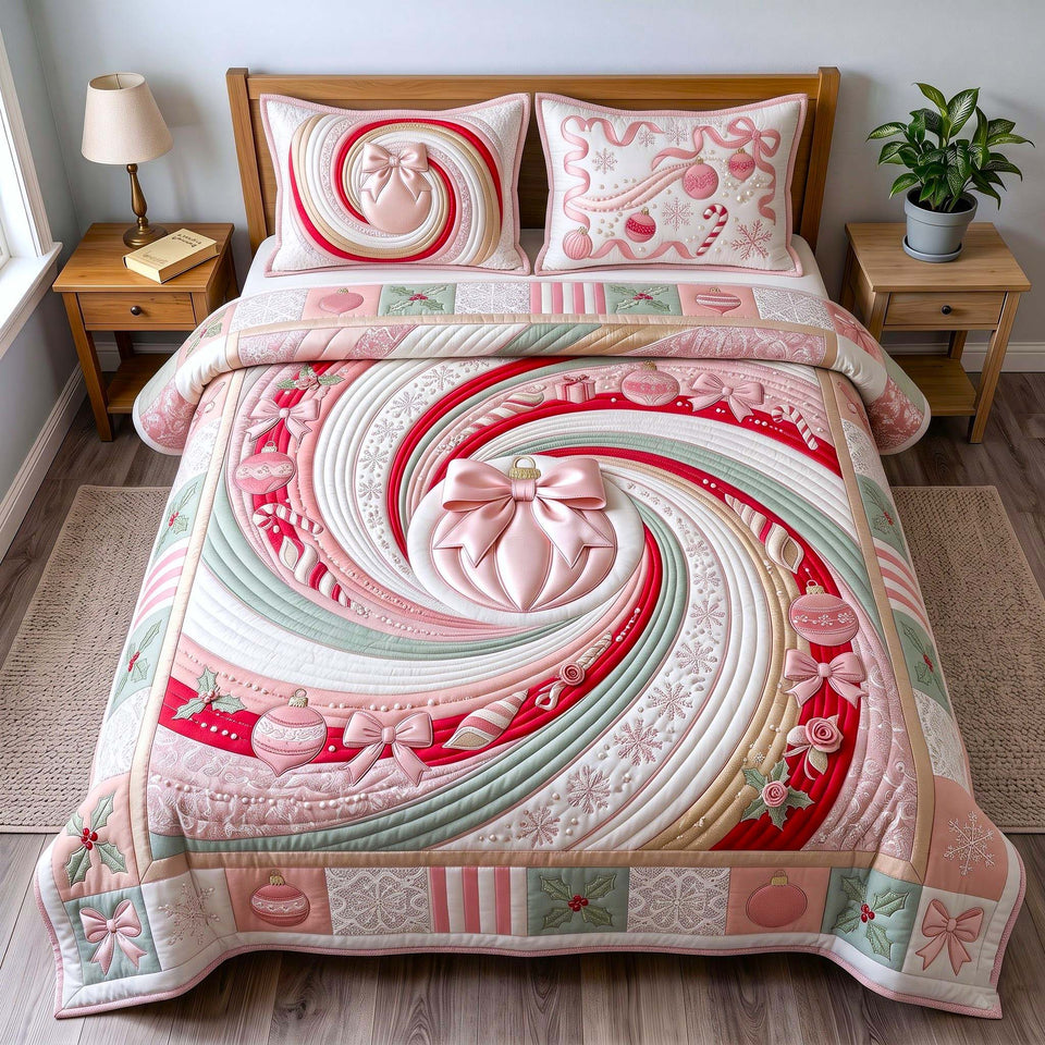 Candy Swirl quilted bedding set, quilt and two pillow shams on a made bed