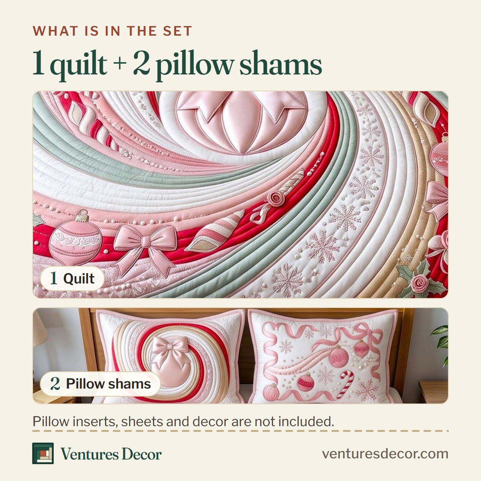 What is in the set: one quilt and two pillow shams, shown in the Candy Swirl design