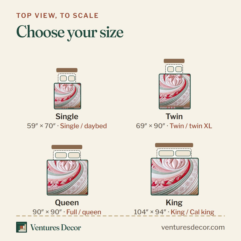 Size guide for the Candy Swirl quilt, top view to scale: Single 59 x 70 in, Twin 69 x 90 in, Queen 90 x 90 in, King 104 x 94 in
