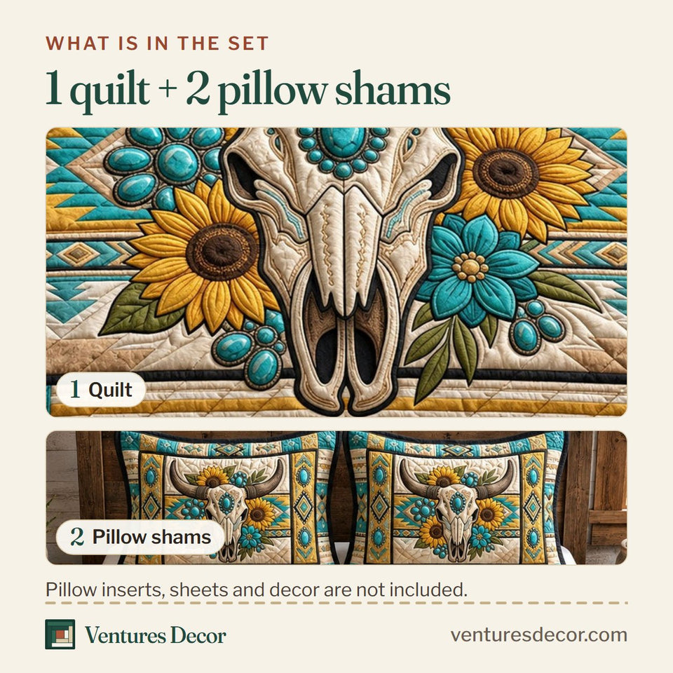 What is in the set: one quilt and two pillow shams, shown in the Cant Be Tamed design