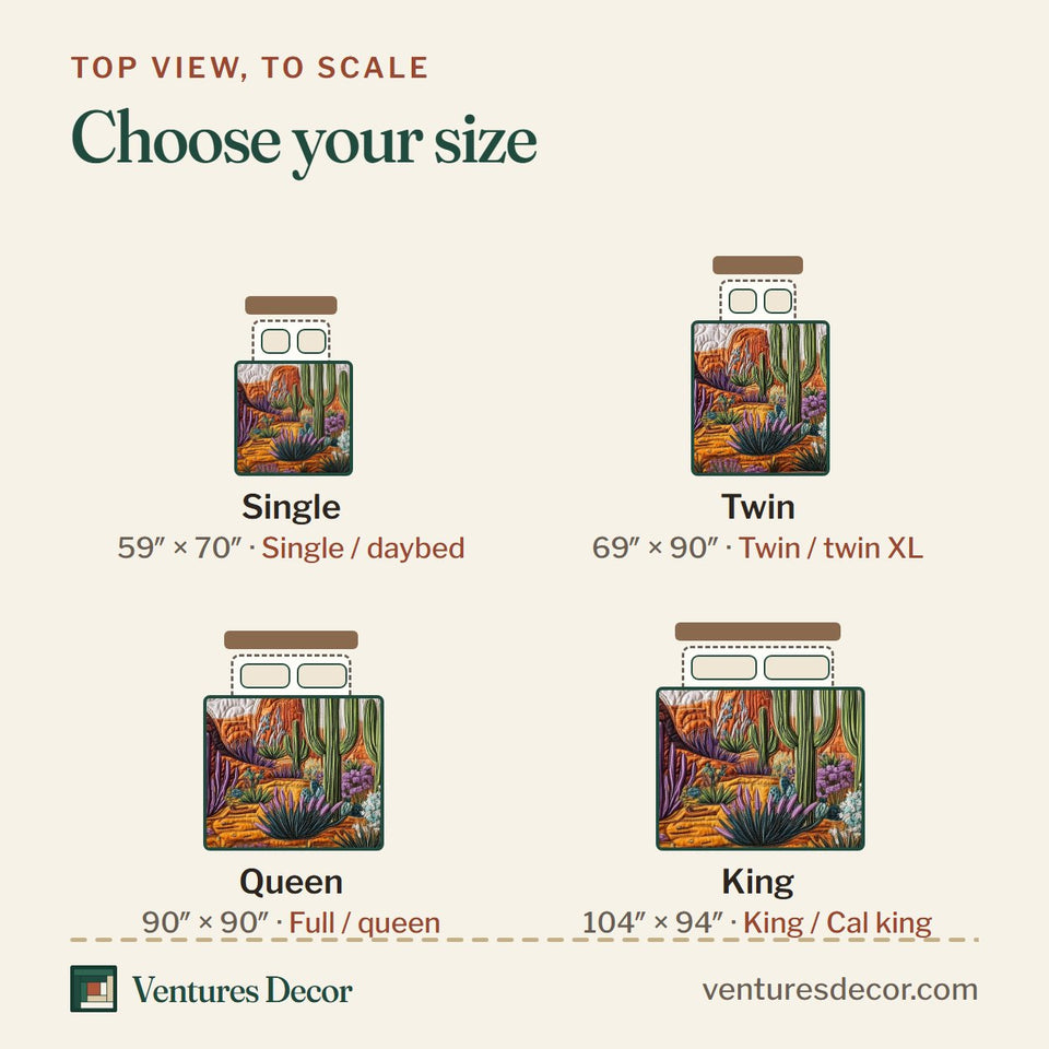 Size guide for the Canyon Bloom Symphony Violet Canyon in Bloom quilt, top view to scale: Single 59 x 70 in, Twin 69 x 90 in, Queen 90 x 90 in, King 104 x 94 in