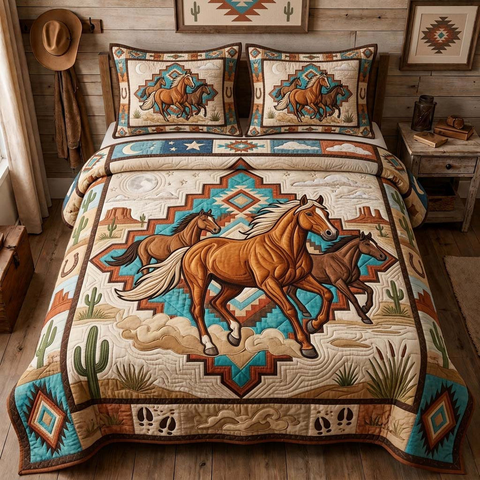 Canyon Horse Trio quilted bedding set, quilt and two pillow shams on a made bed