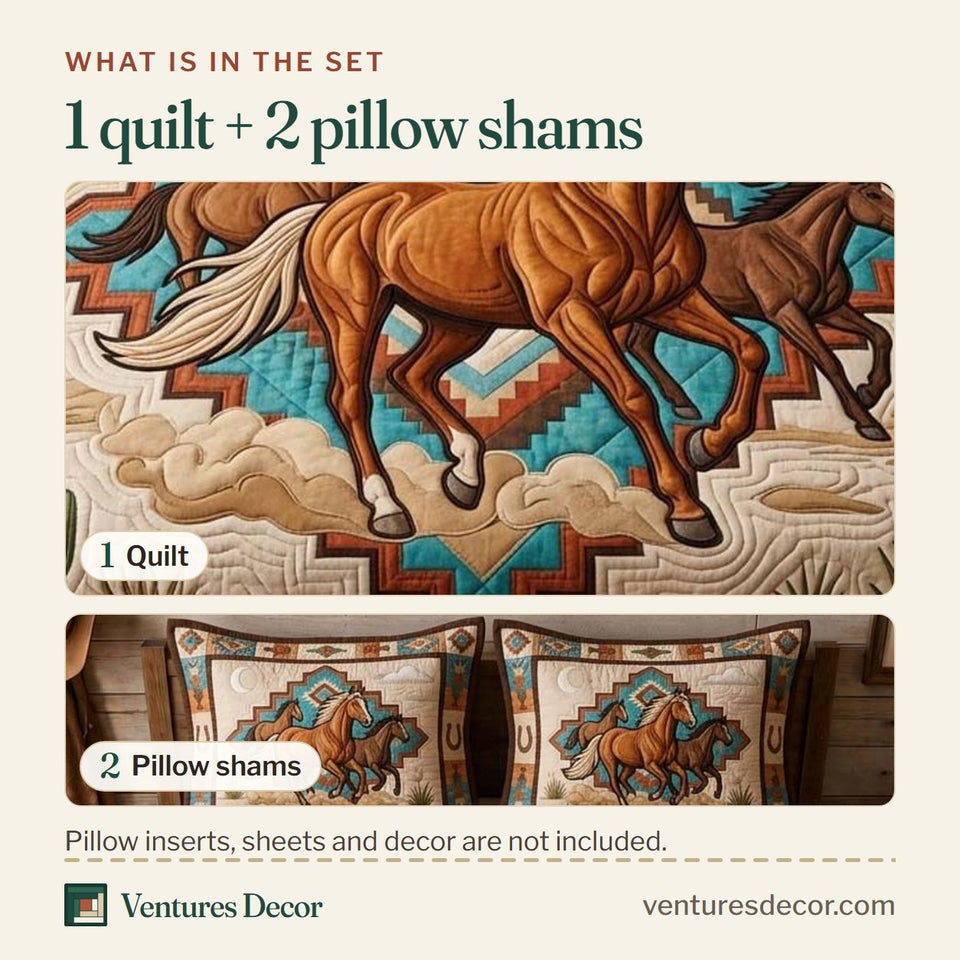 What is in the set: one quilt and two pillow shams, shown in the Canyon Horse Trio design