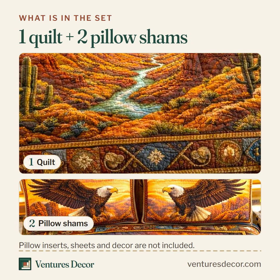 What is in the set: one quilt and two pillow shams, shown in the Canyon Soar Golden Eagle design