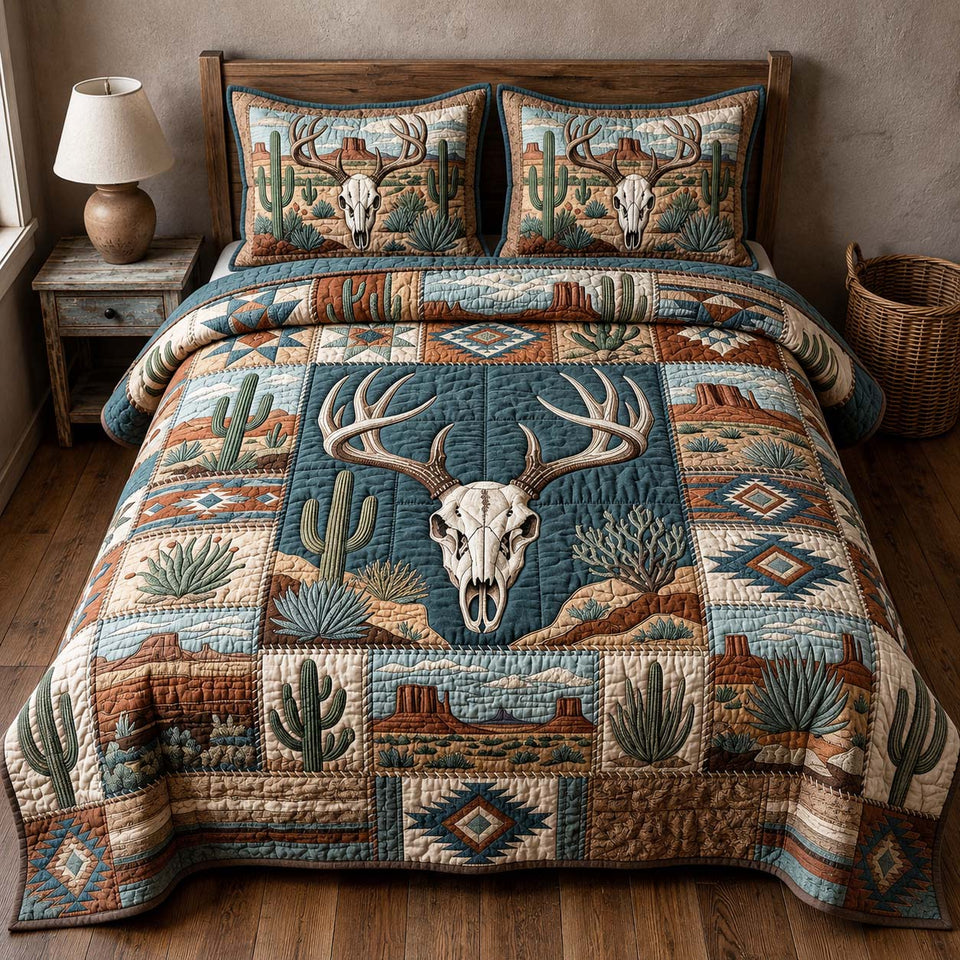 Canyon Spirit Desert Skull quilted bedding set, quilt and two pillow shams on a made bed