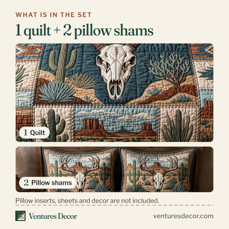 What is in the set: one quilt and two pillow shams, shown in the Canyon Spirit Desert Skull design