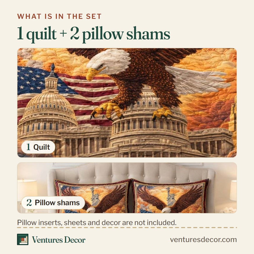 What is in the set: one quilt and two pillow shams, shown in the Capitol Majesty design
