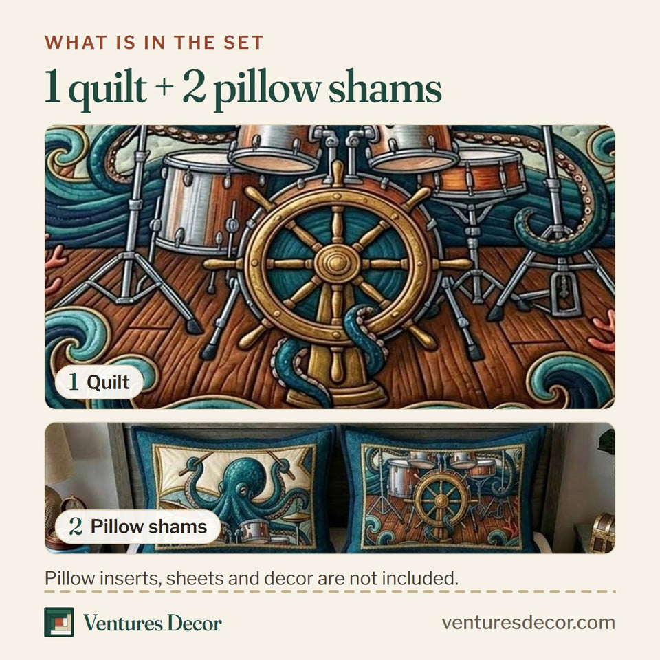 What is in the set: one quilt and two pillow shams, shown in the Captain Drum Kraken design