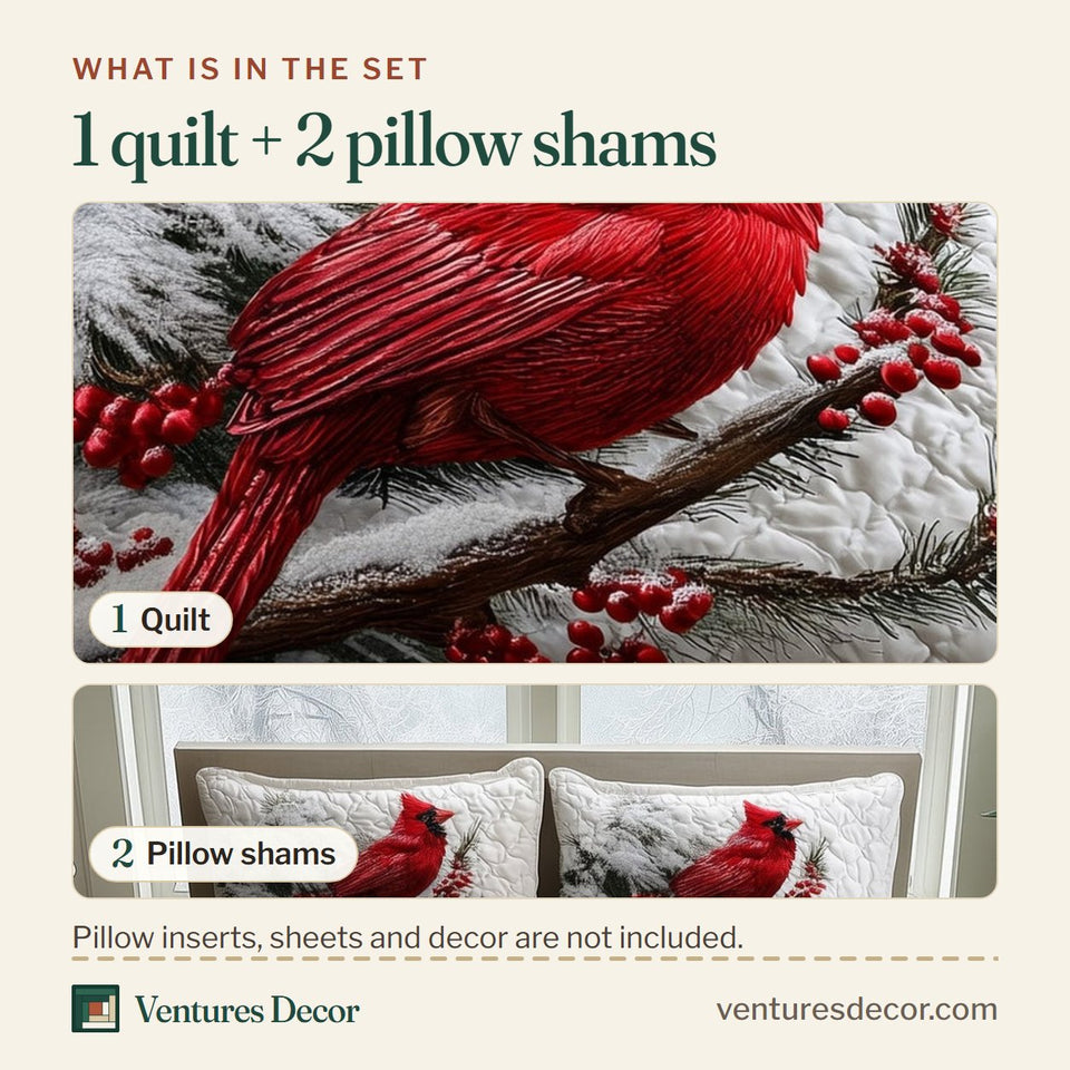 What is in the set: one quilt and two pillow shams, shown in the Cardinal Charm Snowy Perch design