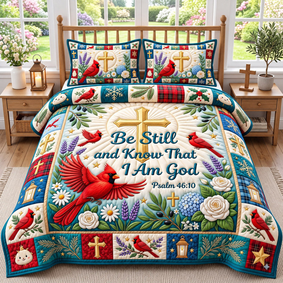 Cardinal Christian Bible Verse quilted bedding set, quilt and two pillow shams on a made bed