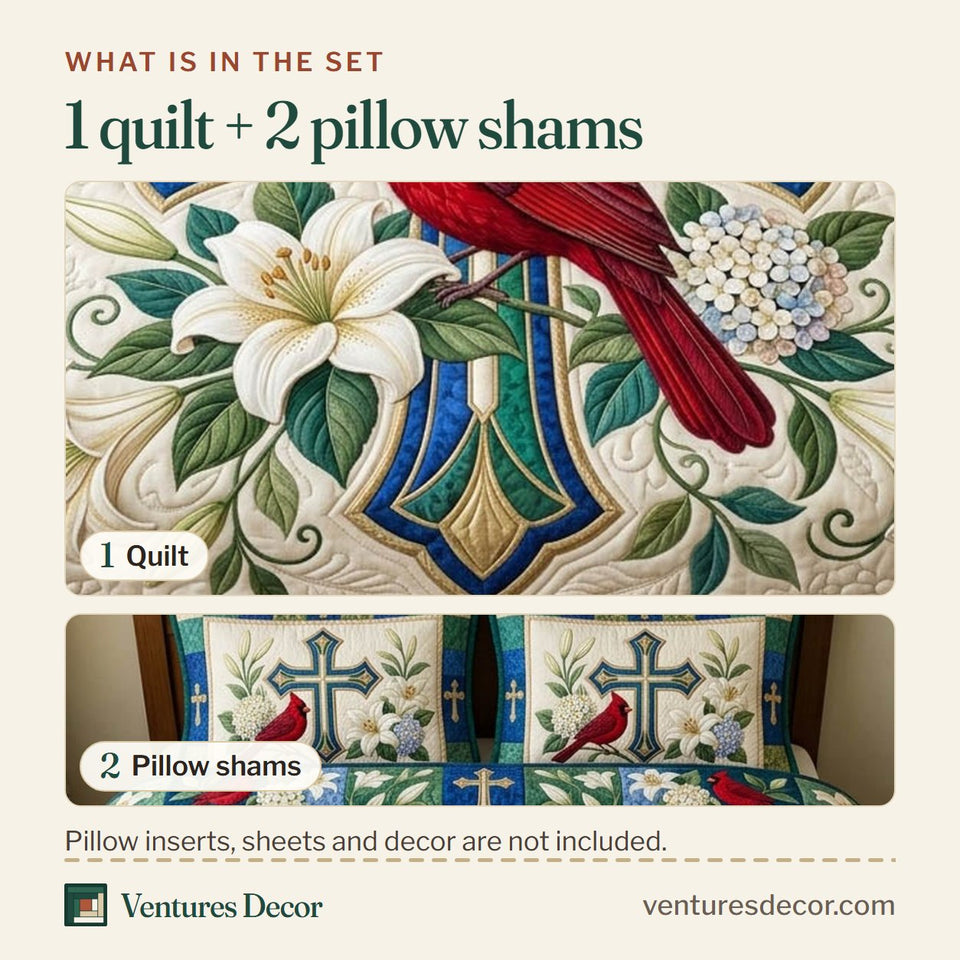 What is in the set: one quilt and two pillow shams, shown in the Cardinal Christian Blue Glass Cross and White Blooms design