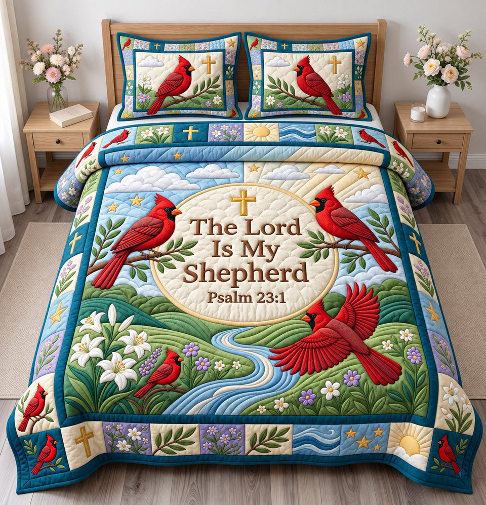 Cardinal Christian Memorial Cardinal quilted bedding set, quilt and two pillow shams on a made bed