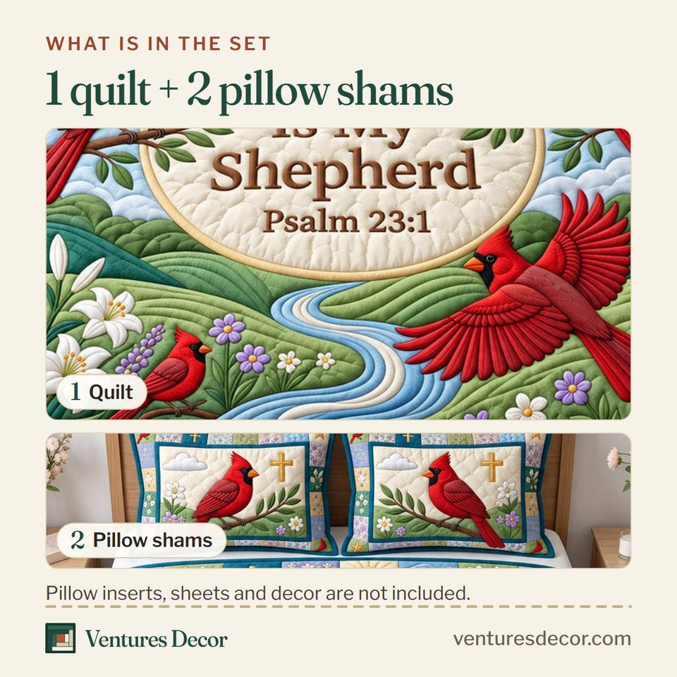 What is in the set: one quilt and two pillow shams, shown in the Cardinal Christian Memorial Cardinal design