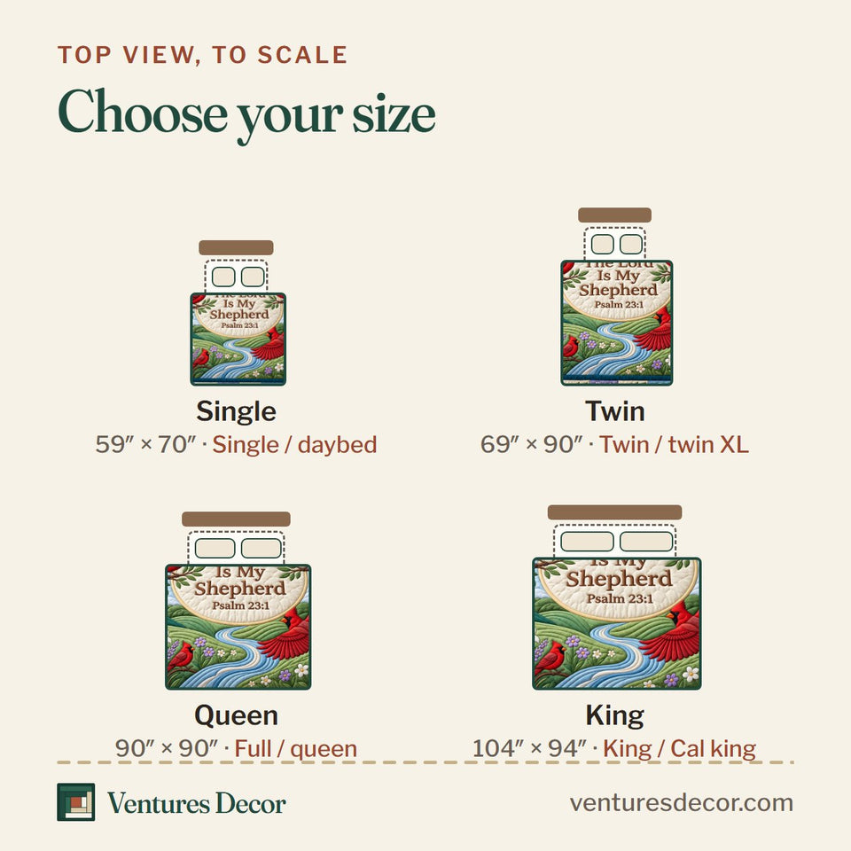 Size guide for the Cardinal Christian Memorial Cardinal quilt, top view to scale: Single 59 x 70 in, Twin 69 x 90 in, Queen 90 x 90 in, King 104 x 94 in