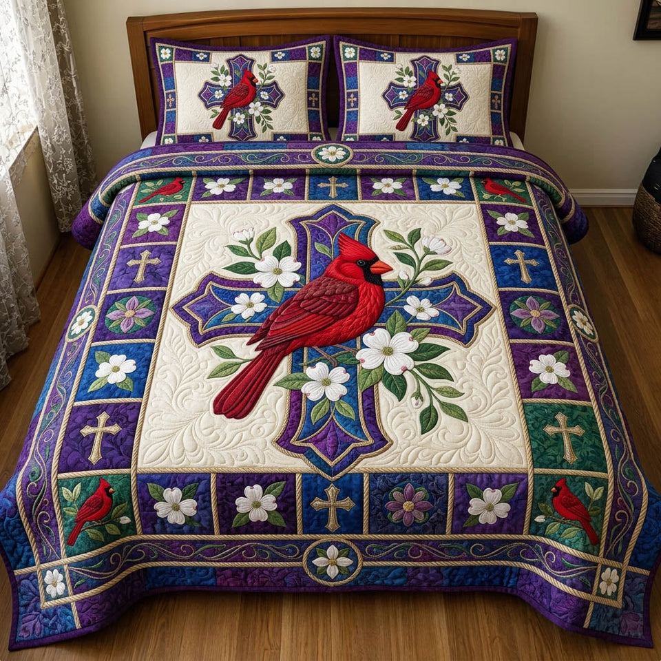 Cardinal Christian Purple Stained Glass Cross quilted bedding set, quilt and two pillow shams on a made bed