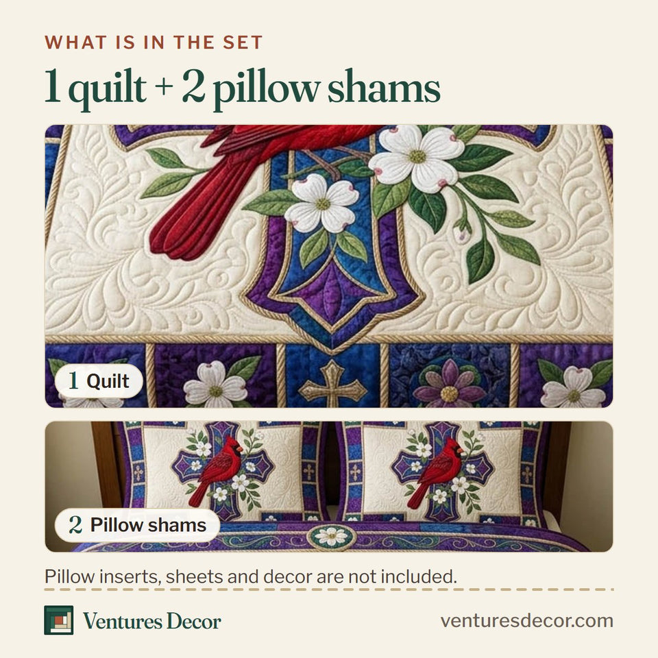 What is in the set: one quilt and two pillow shams, shown in the Cardinal Christian Purple Stained Glass Cross design