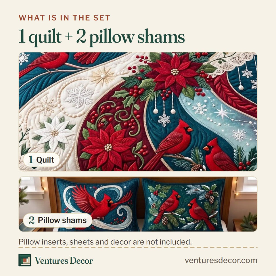 What is in the set: one quilt and two pillow shams, shown in the Cardinal Christmas design